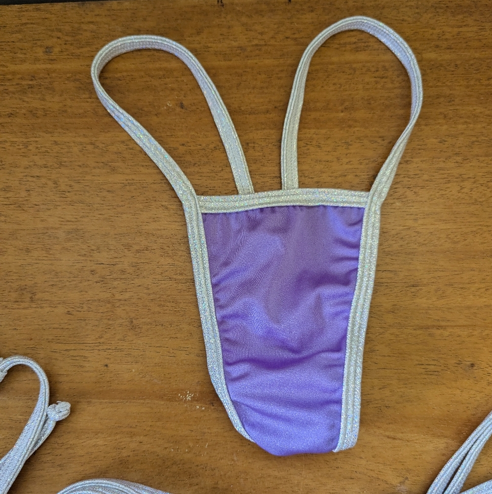 Vintage String Micro Bikini Exotic Dancer Purple Rhinestone‎ Rave V-string - Picture 10 of 14